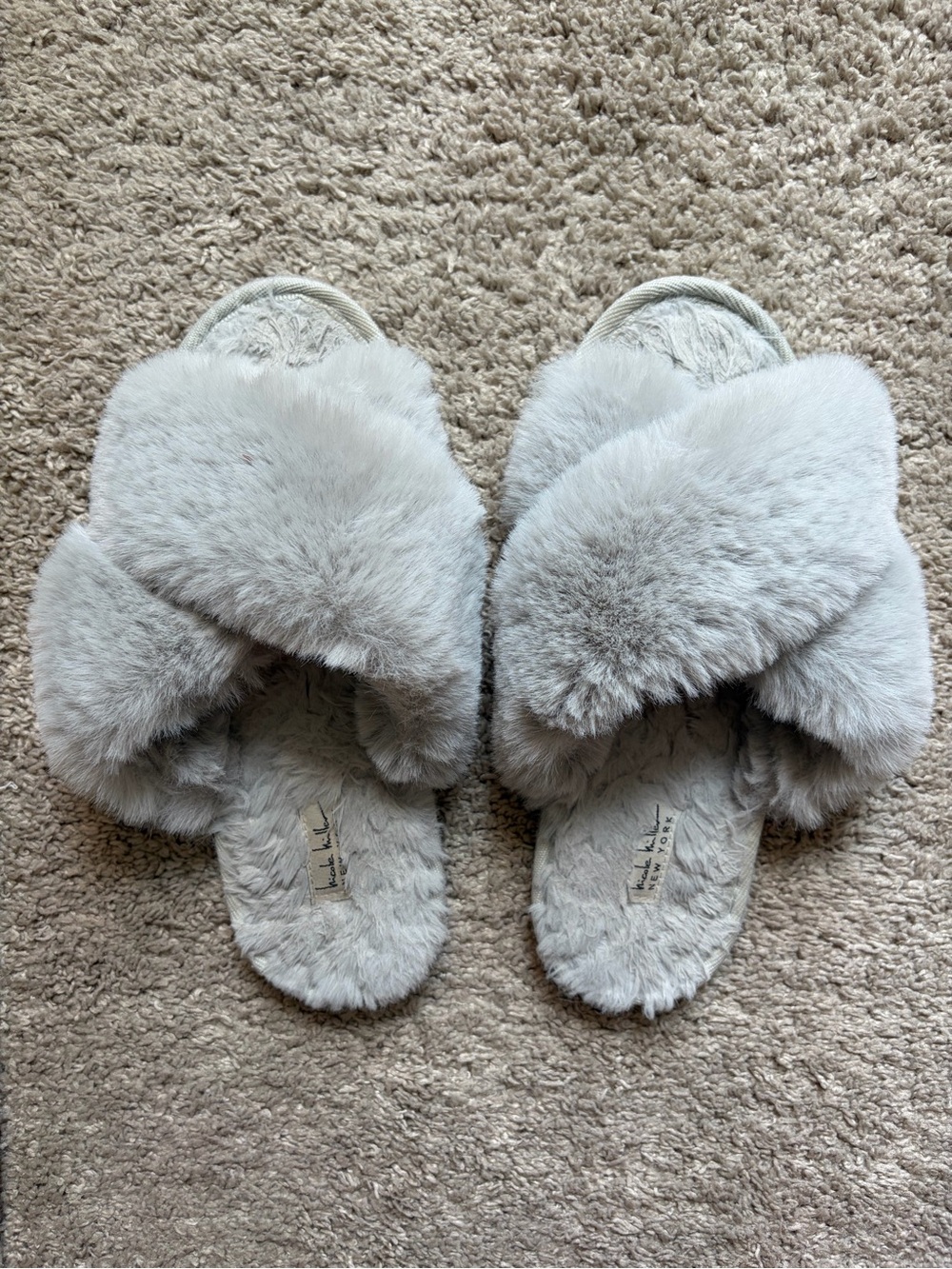Nicole Miller Plush Cross-Band Slippers - Light Gray